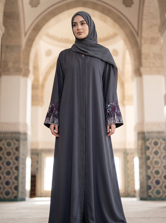 Layla charcoal grey abaya, low-angle full-length