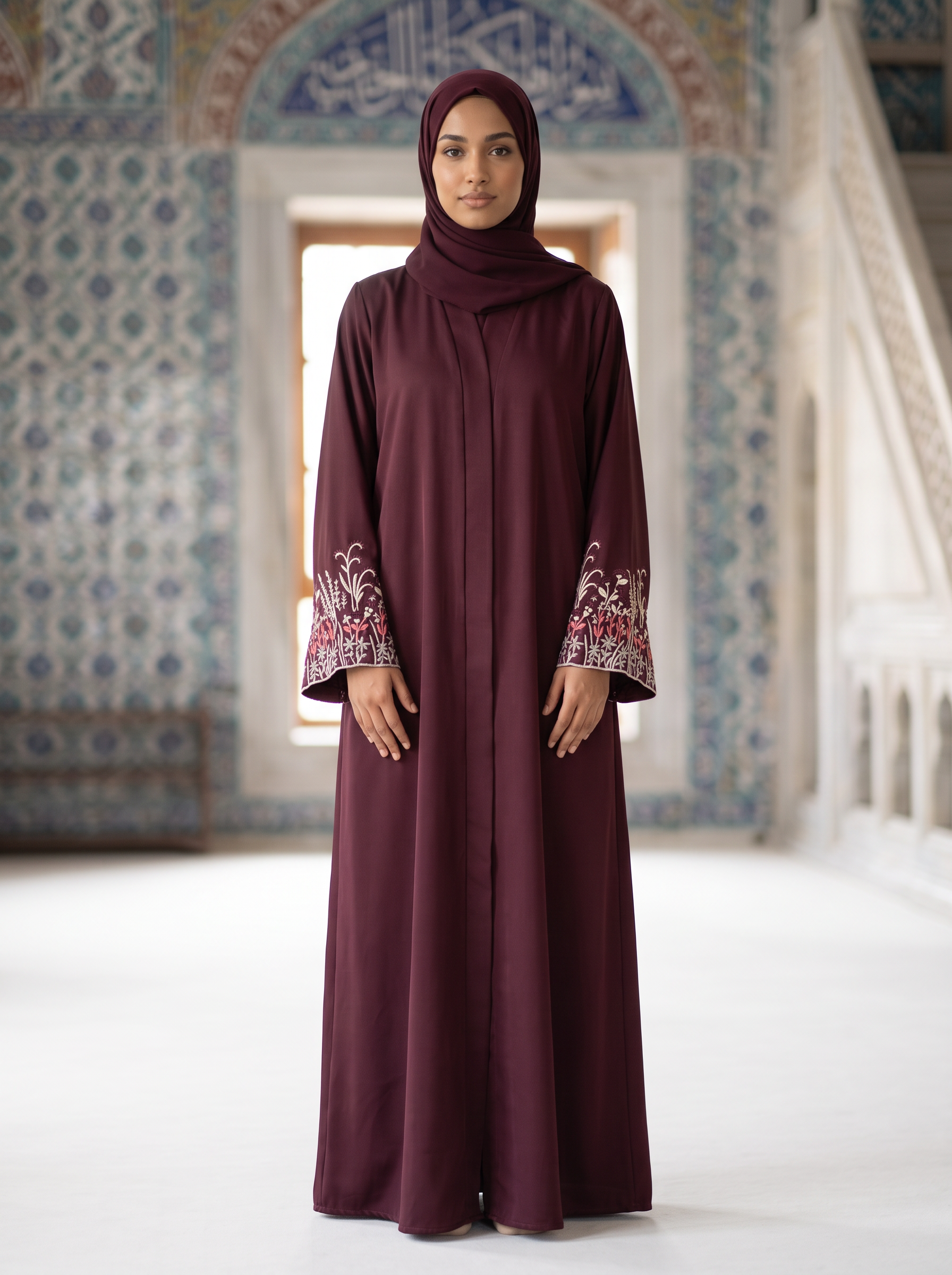 Noor burgundy embroidered abaya, full-length front view
