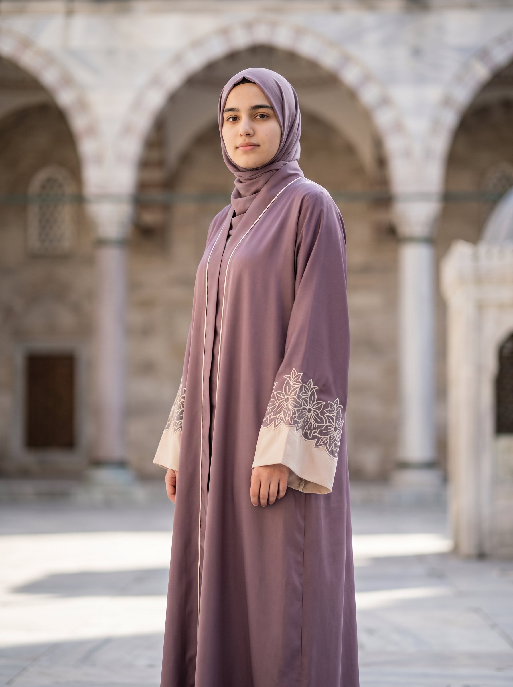 Amira mauve abaya, three-quarter angle