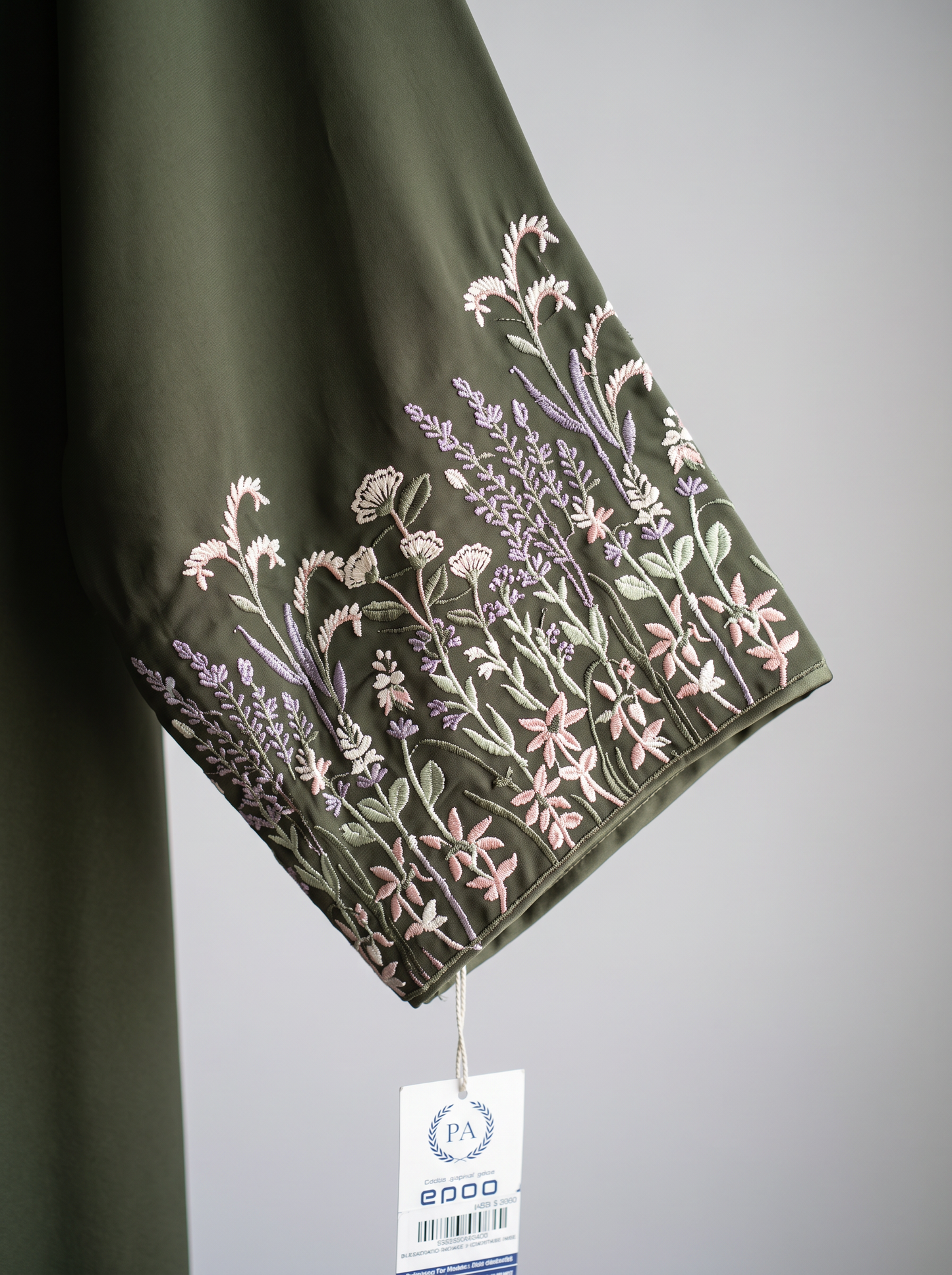 Yasmin olive green abaya, sleeve embroidery detail