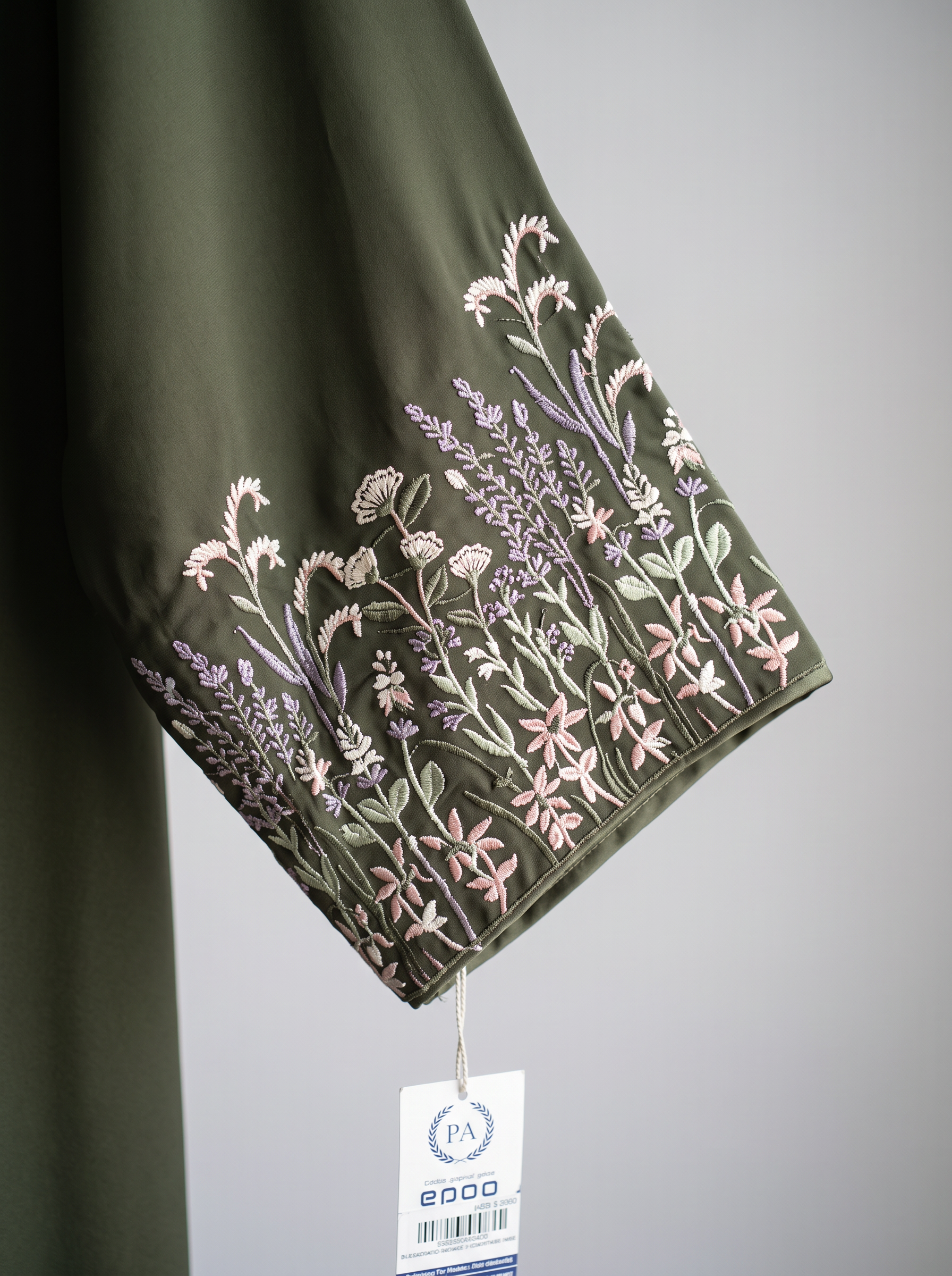 Yasmin olive green abaya, sleeve embroidery detail