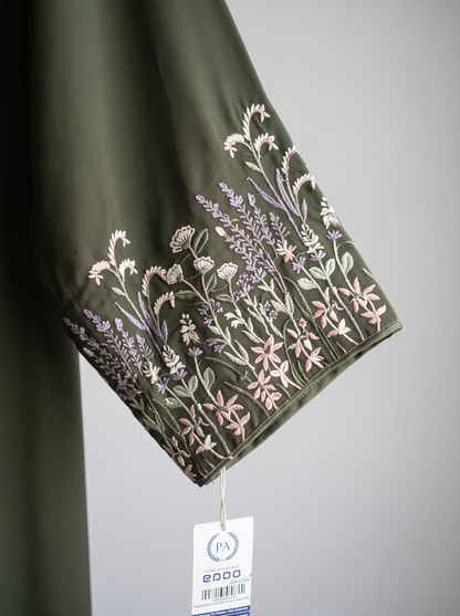 Yasmin olive green abaya, sleeve embroidery detail