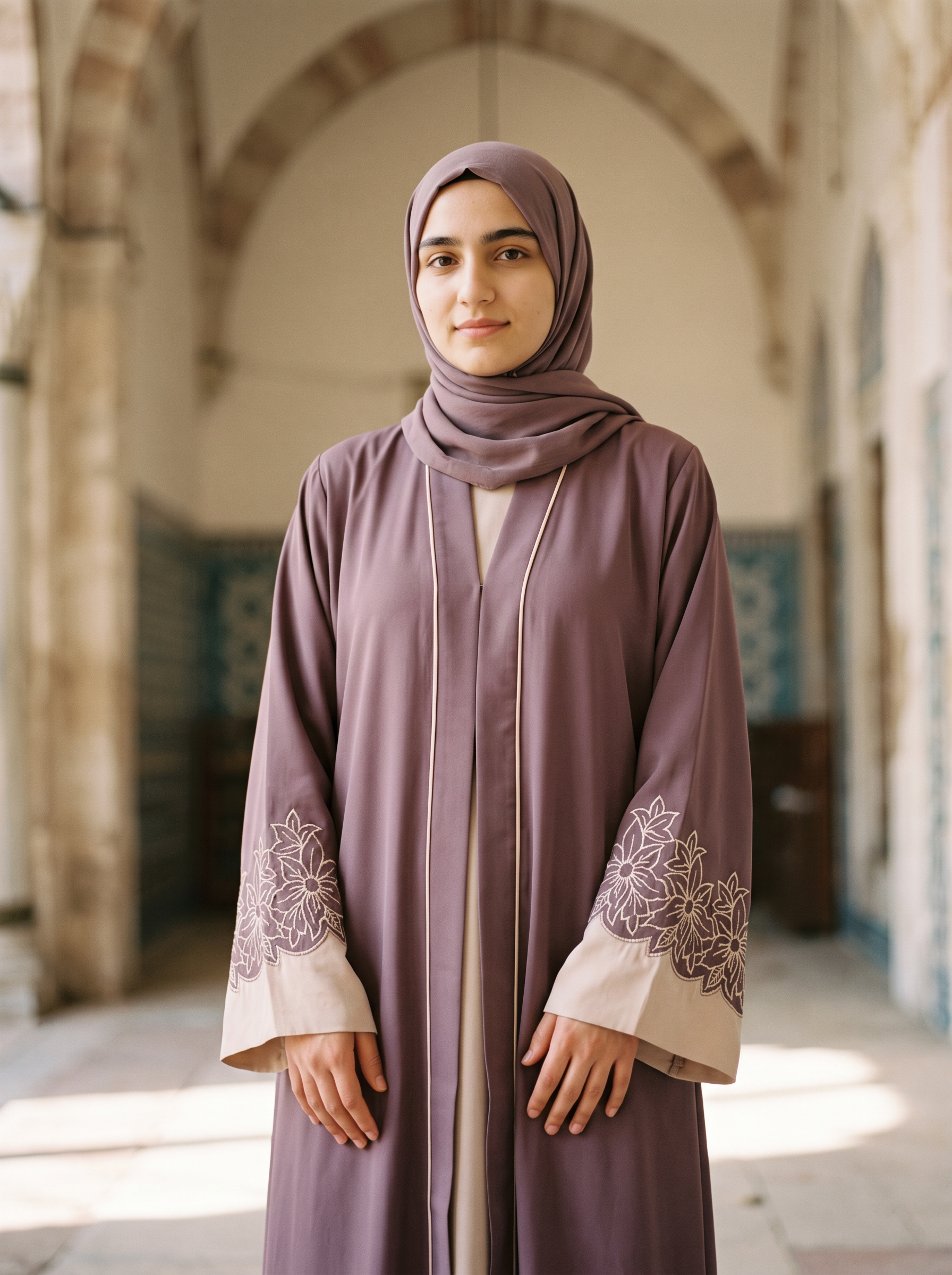 Amira mauve abaya, medium-long view