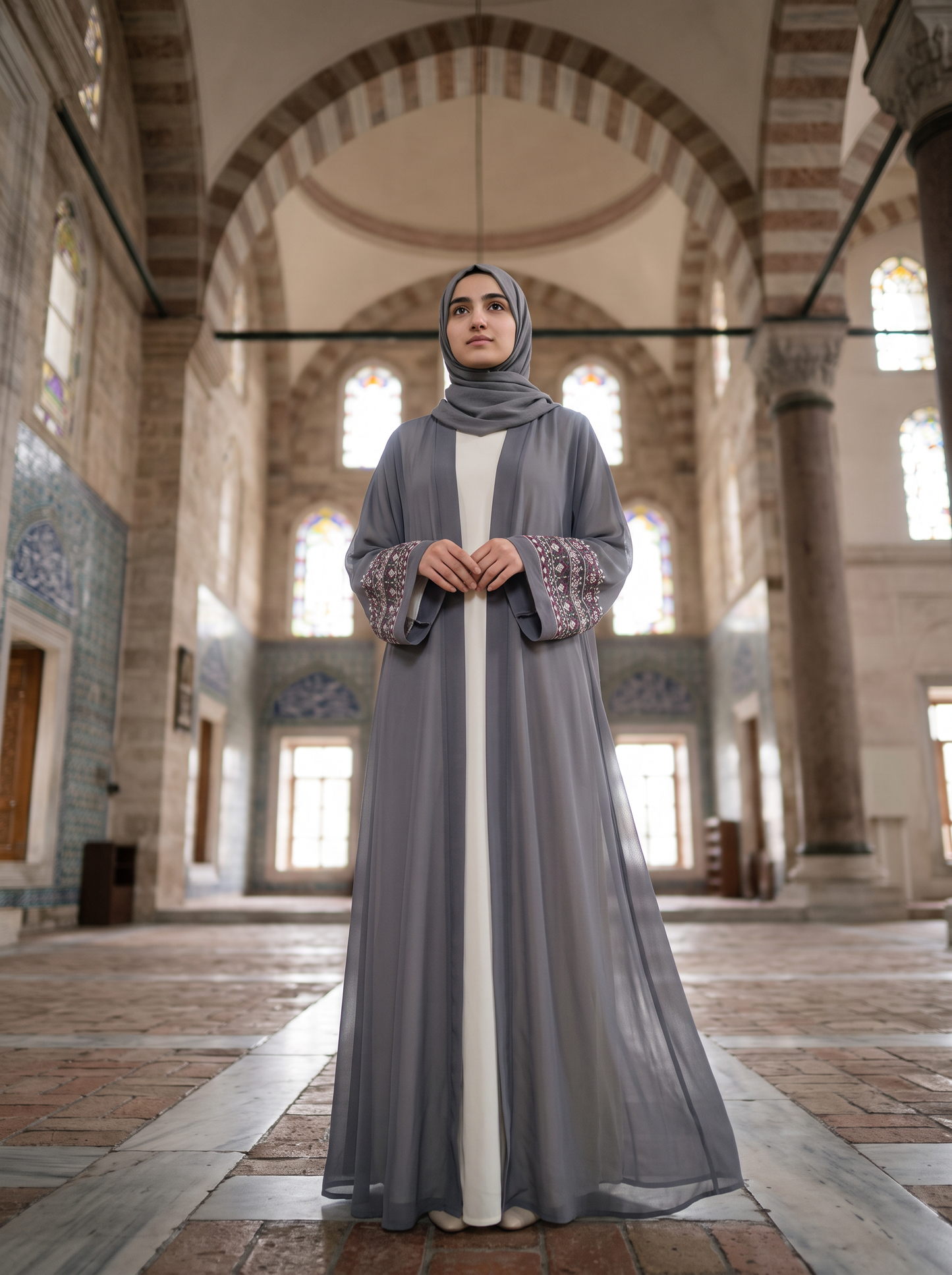 Dania grey sheer abaya, low-angle full-length
