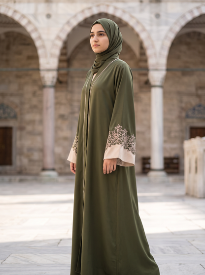 Zara olive green abaya, three-quarter angle
