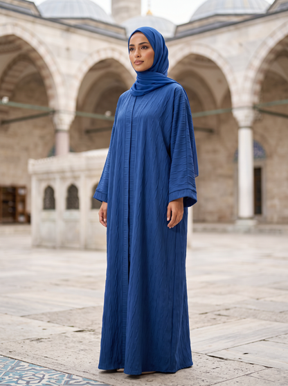 Hala royal blue abaya, three-quarter angle