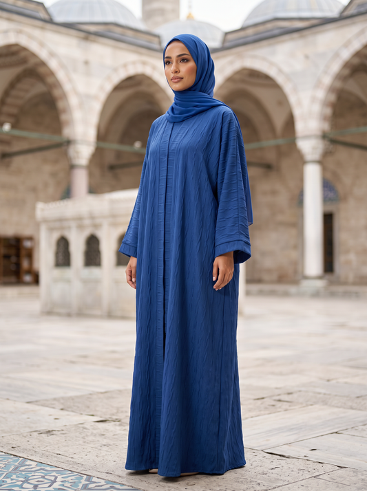 Hala royal blue abaya, three-quarter angle
