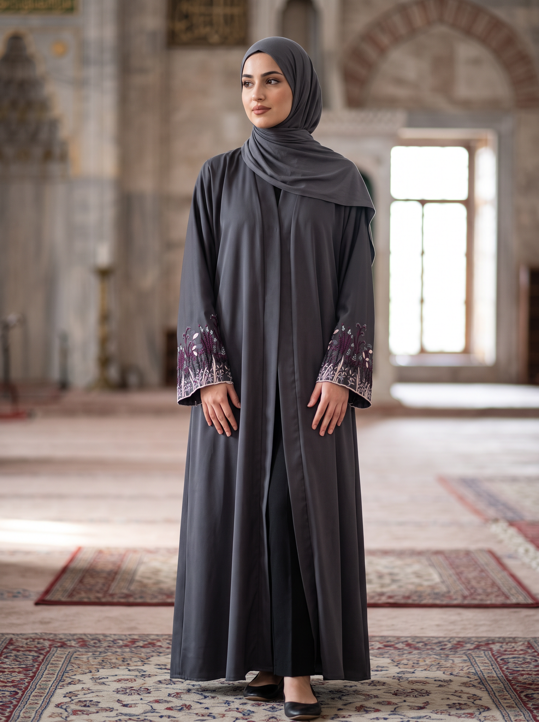 Layla charcoal grey abaya, medium-long view