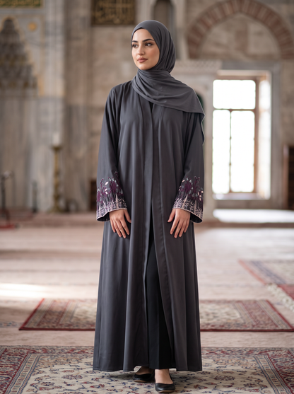 Layla charcoal grey abaya, medium-long view