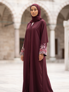 Noor burgundy abaya, three-quarter angle