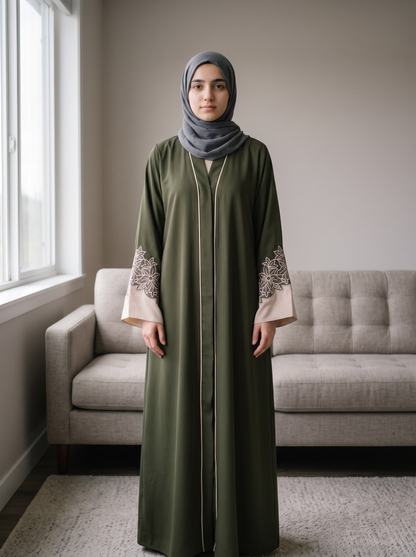 Zara olive green two-tone embroidered abaya, full-length front view