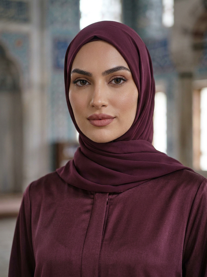 FashionSense Zoya Abaya in Maroon — closeup of neckline and hijab drape