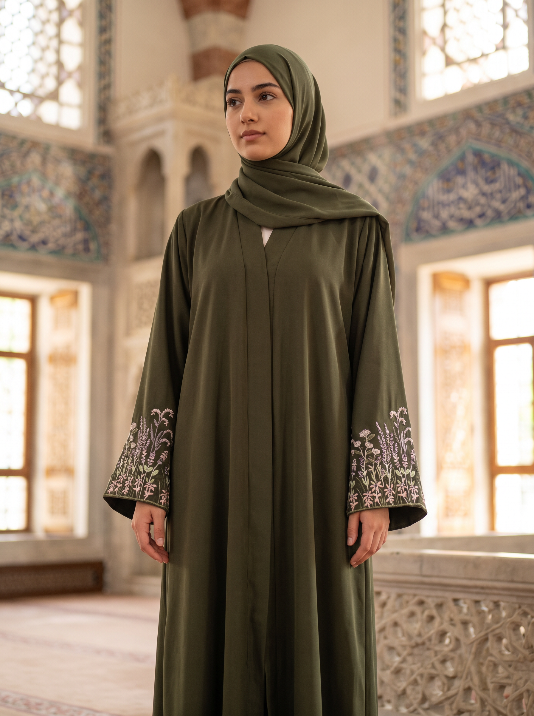 Yasmin olive green abaya, medium-long view
