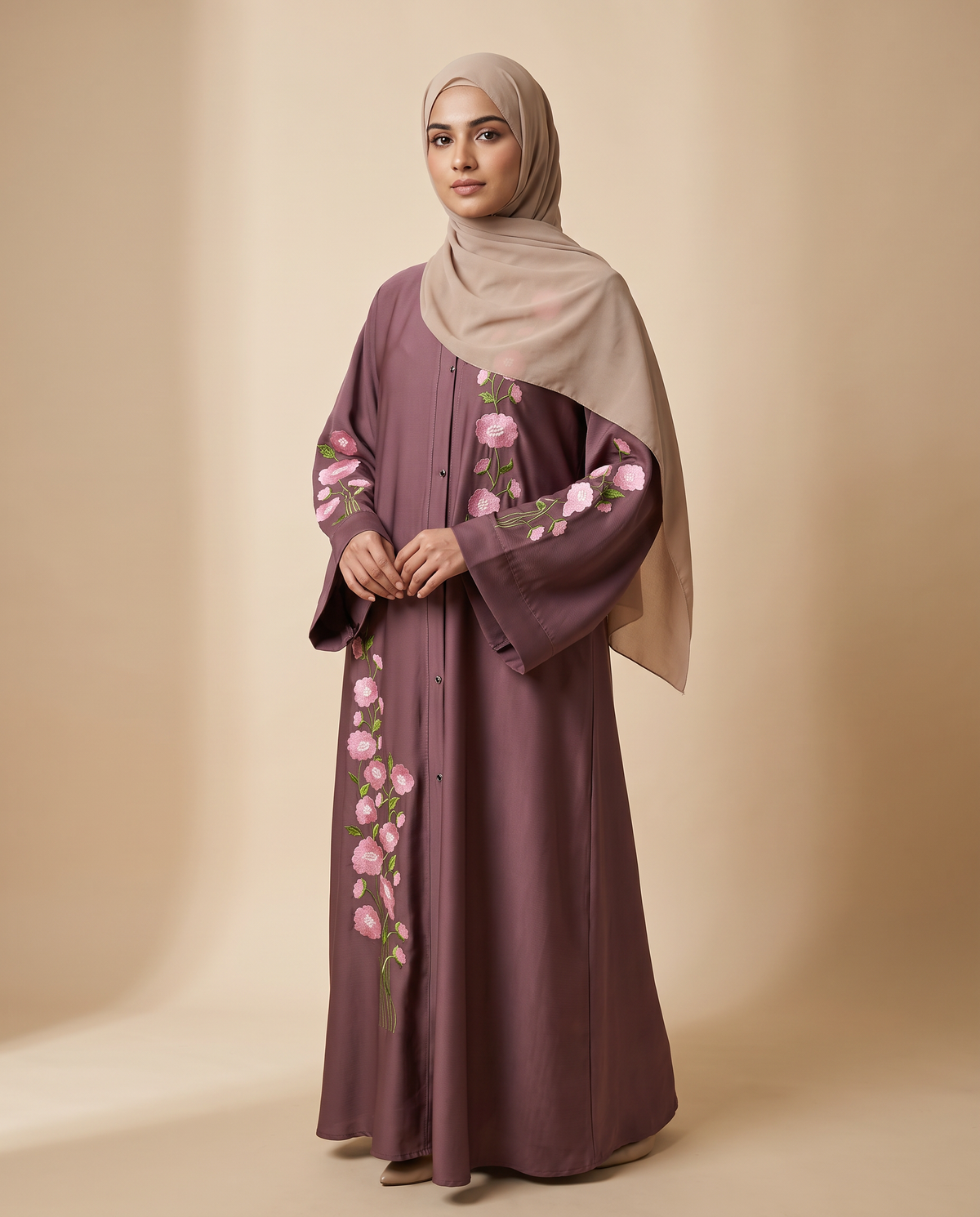 Zainab Abaya 45-degree angle view showing embroidered sleeve and front placket detail