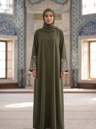 Yasmin olive green embroidered abaya, full-length front view