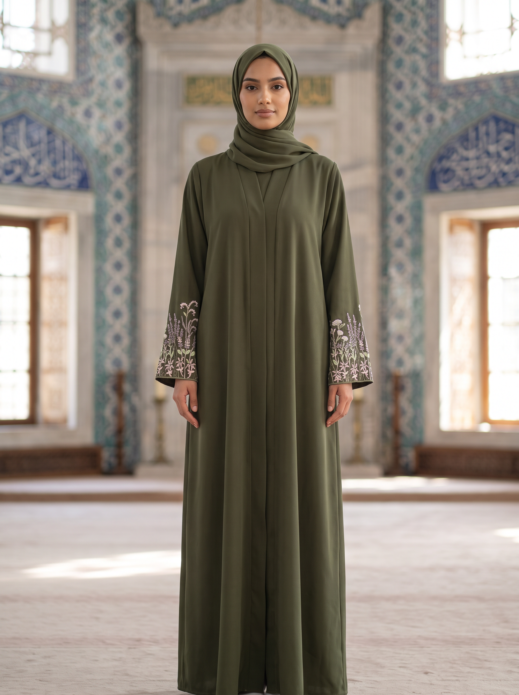 Yasmin olive green embroidered abaya, full-length front view