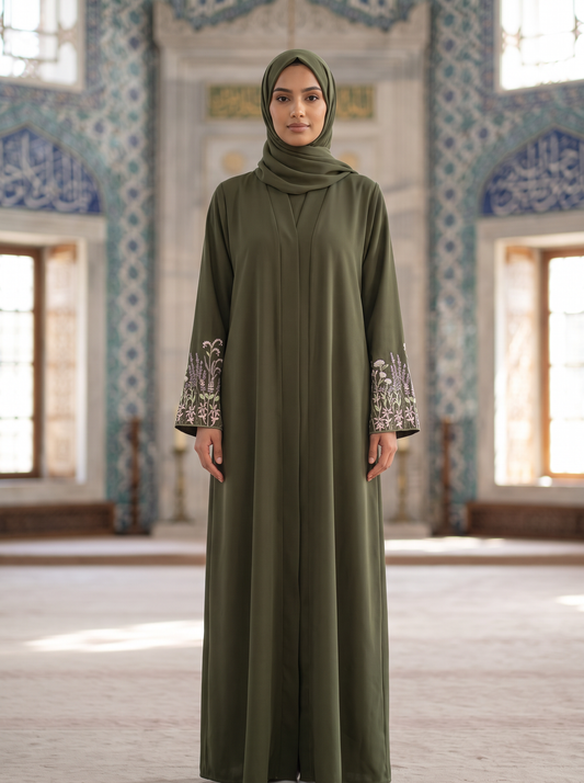Yasmin olive green embroidered abaya, full-length front view