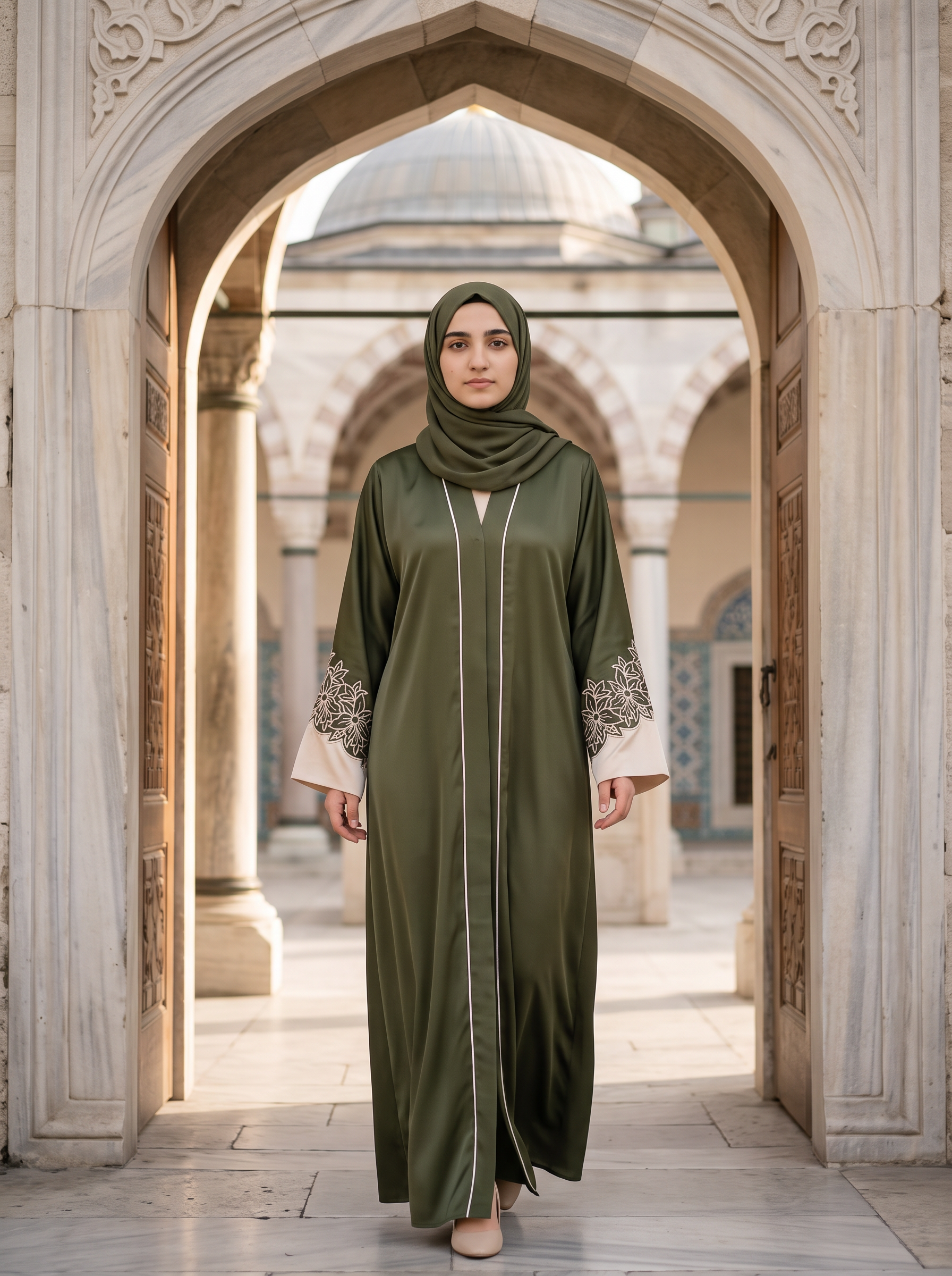 Zara olive green abaya, lifestyle context in mosque courtyard