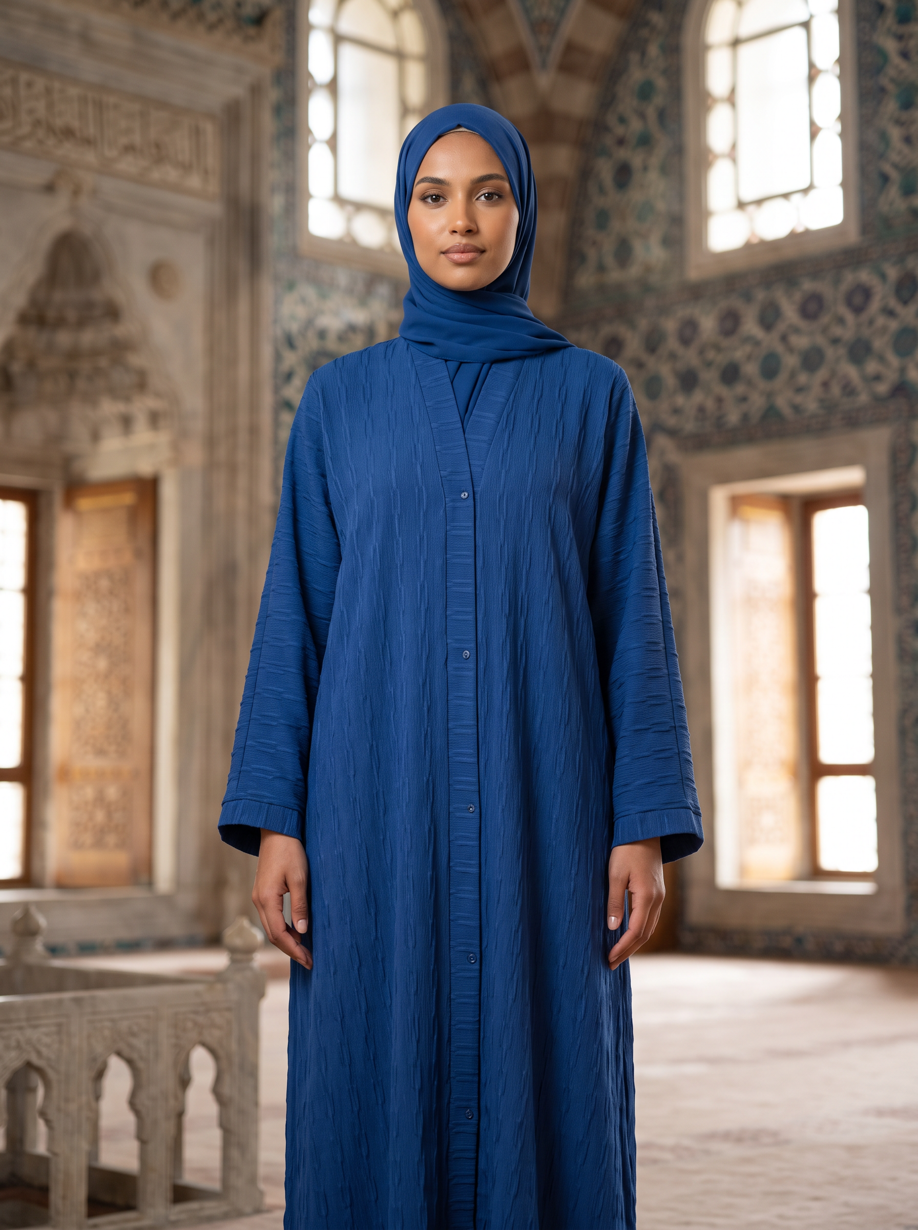 Hala royal blue textured abaya, full-length front view