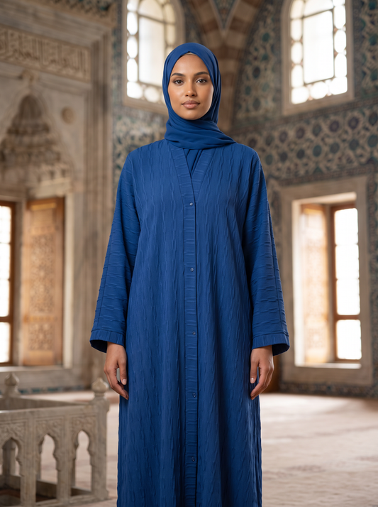Hala royal blue textured abaya, full-length front view