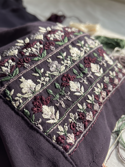 Dania grey sheer abaya, macro cuff embroidery detail