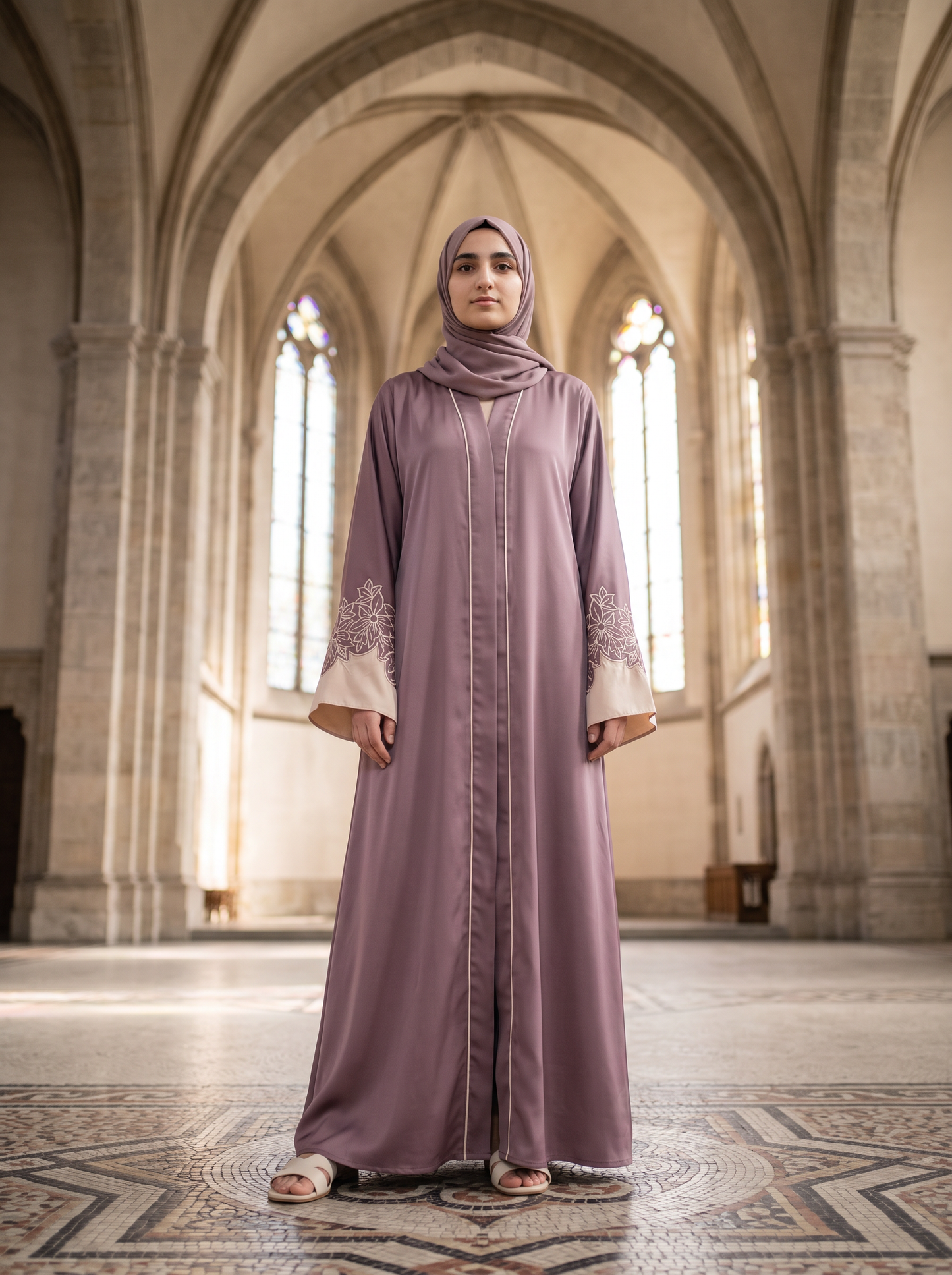 Amira mauve abaya, low-angle full-length