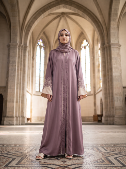 Amira mauve abaya, low-angle full-length