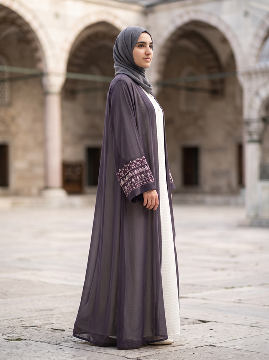 Dania grey sheer abaya, three-quarter angle
