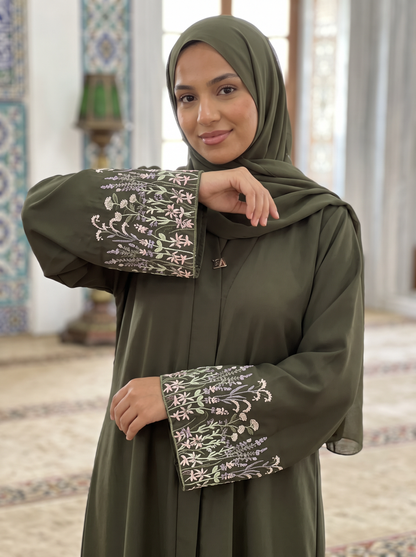 Yasmin olive green abaya, medium close-up of sleeve embroidery