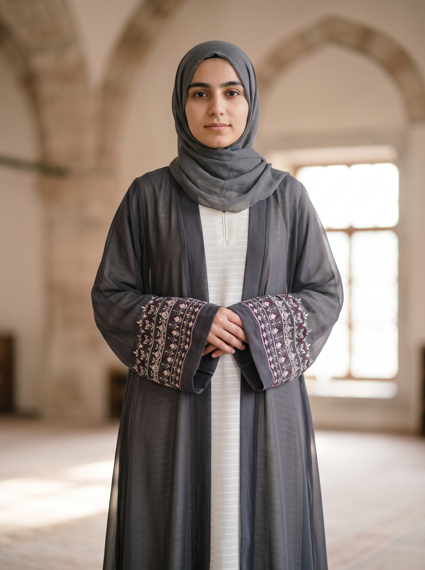 Dania grey sheer abaya, medium-long view