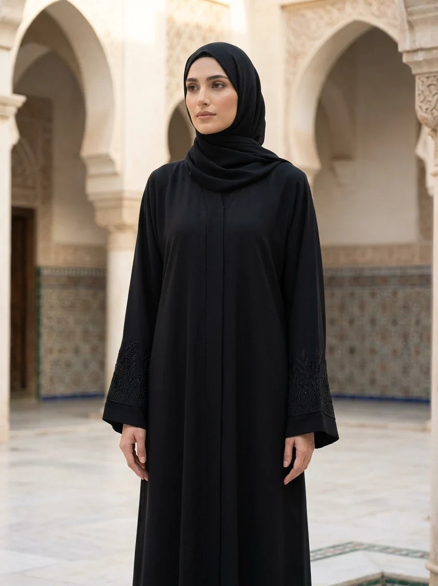 Shahzeen Abaya - minimal black abaya with textured cuffs