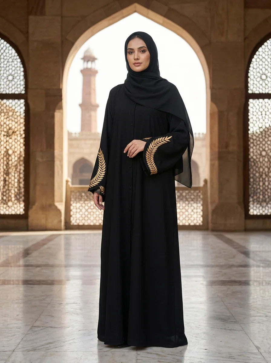 Shazia Abaya with gold wheat-sprig embroidery - black abaya