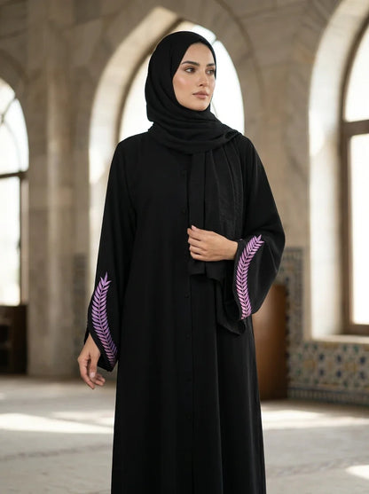 Shazia Abaya with pink wheat-sprig embroidery - black abaya