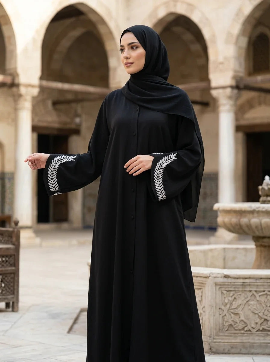 Shazia Abaya with silver wheat-sprig embroidery - sleeve detail