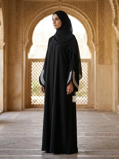 Shazia Abaya with silver wheat-sprig embroidery - black abaya