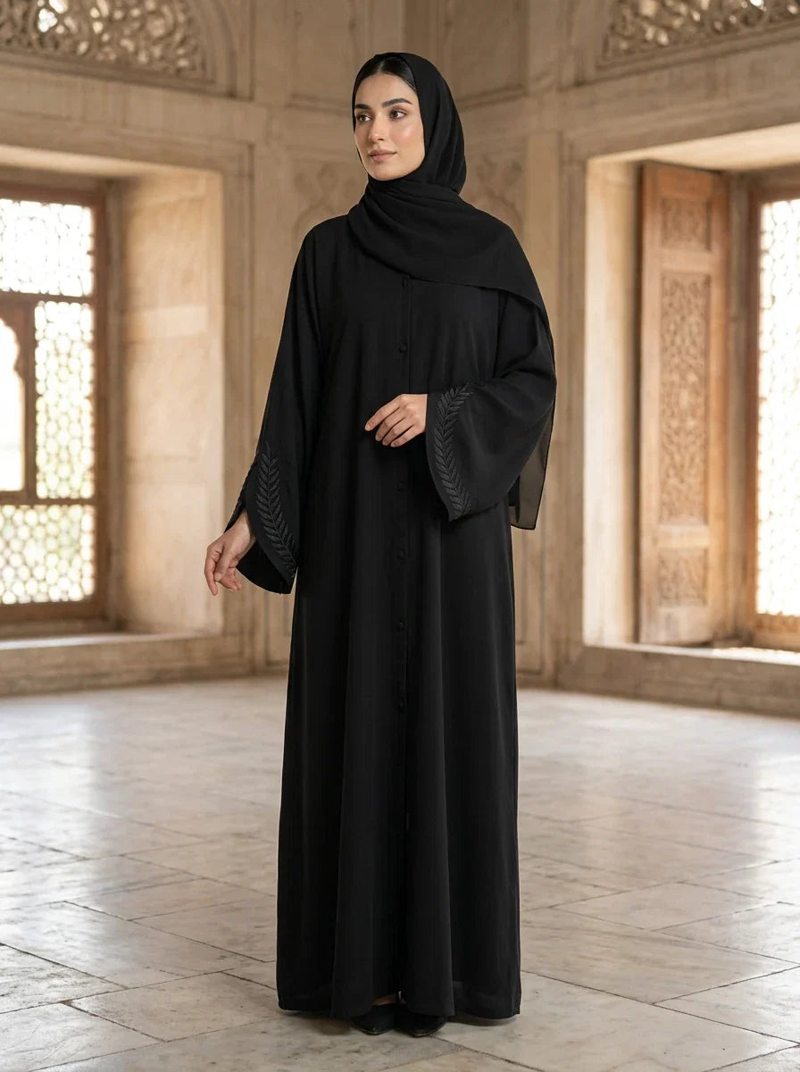 Shazia Abaya with tonal black wheat-sprig embroidery