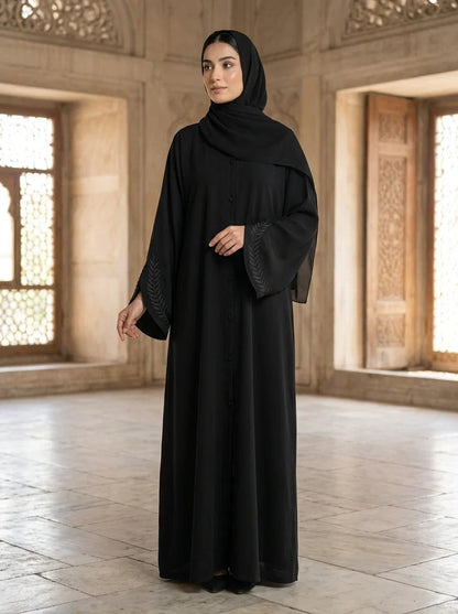 Shazia Abaya with tonal black wheat-sprig embroidery