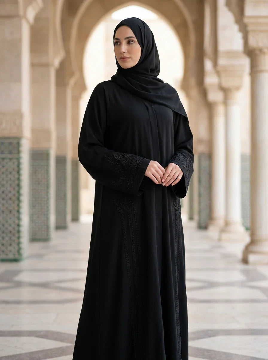 Zoha Abaya - black abaya with tonal sleeve embroidery
